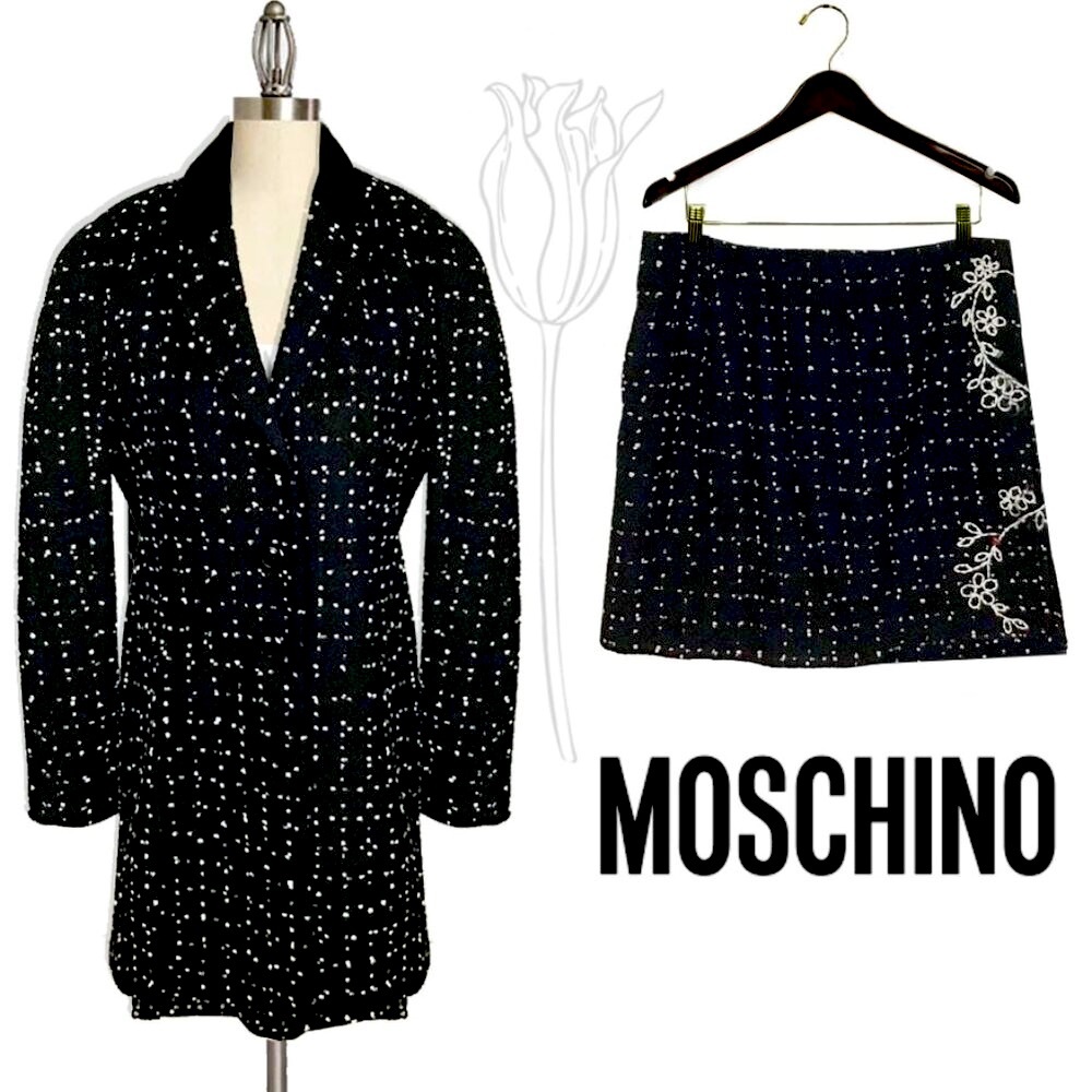 MOSCHINO 1990s Vintage Black & White Salt & Pepper Cashmere Jacket & Mini Skirt - Picture 2 of 16